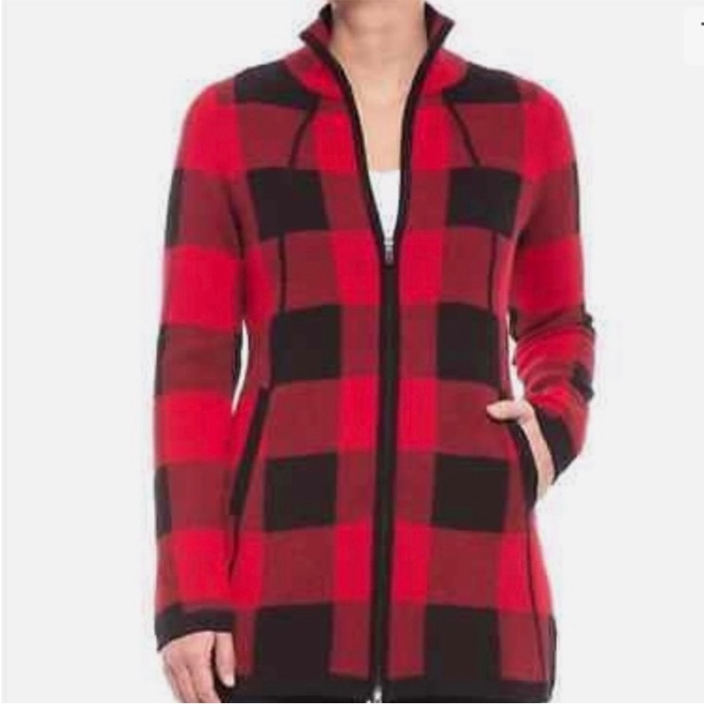 Adrienne Vittadini Buffalo Plaid Red/Black Zip Cardigan Sweater Jacket Small
